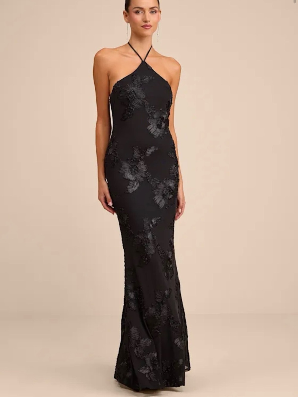 Celyna Black Mesh Floral Applique Maxi Dress